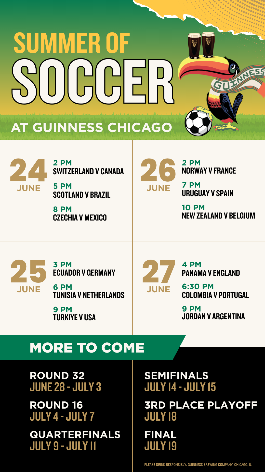 Guinness Chicago Summer of Soccer match schedule poster with football fixtures, toucan, and Guinness branding.