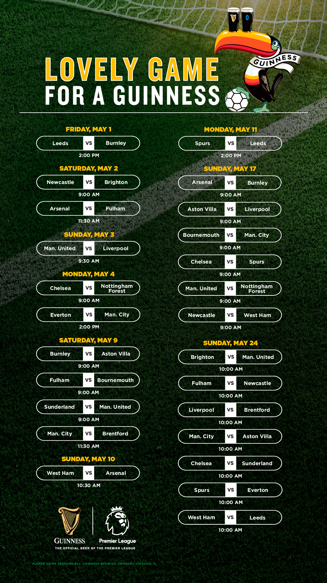 Guinness Chicago Premier League match schedule poster with football fixtures, toucan, and Guinness branding.
