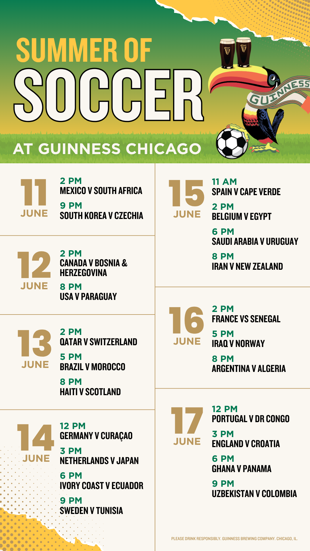 Guinness Chicago Summer of Soccer match schedule poster with football fixtures, toucan, and Guinness branding.