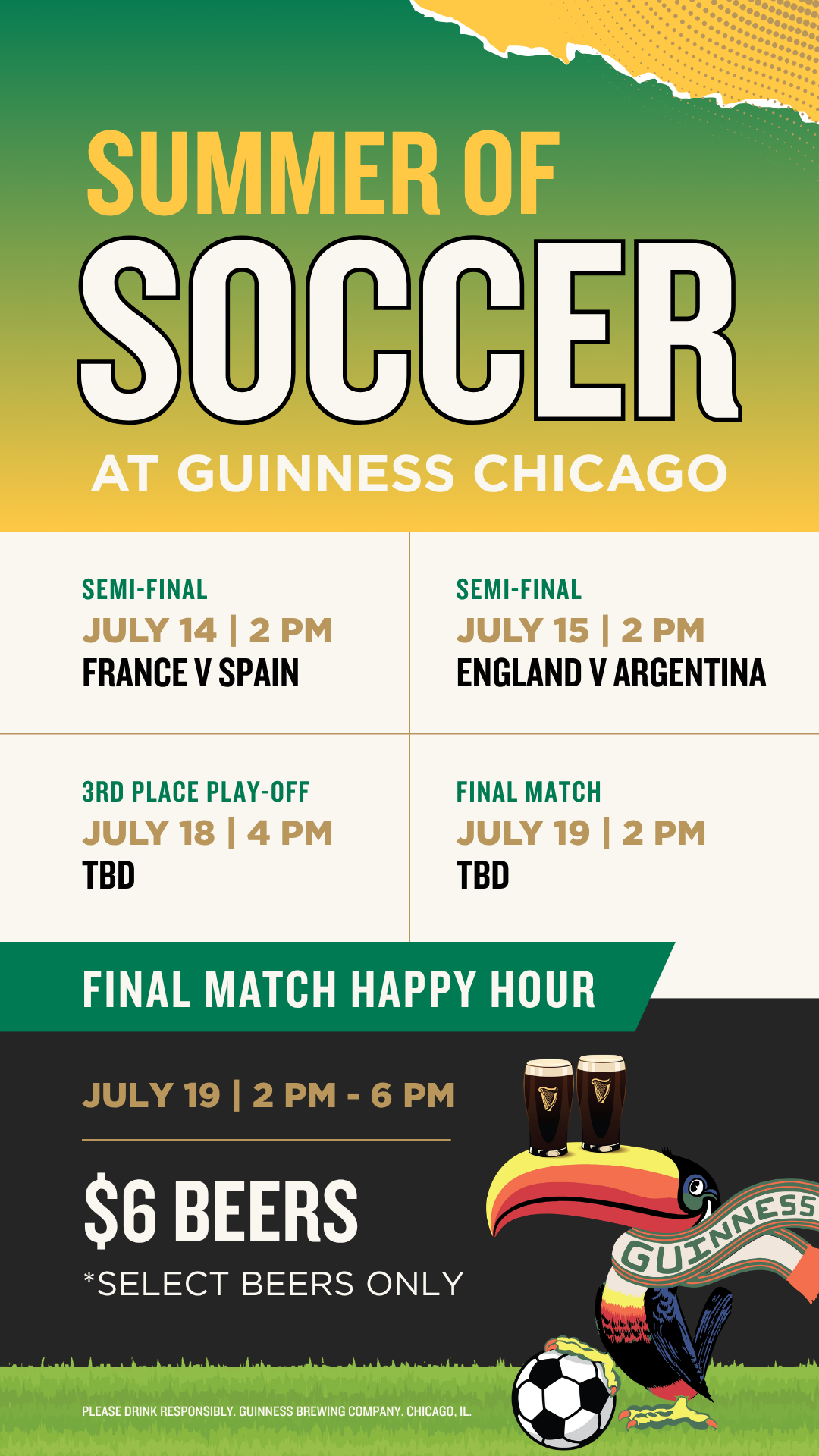 Guinness Chicago Summer of Soccer match schedule poster with football fixtures, toucan, and Guinness branding.
