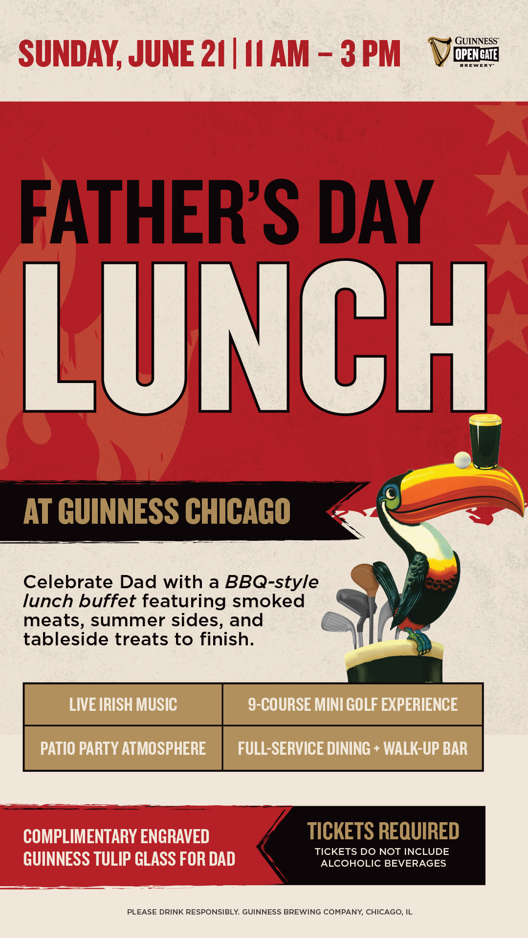 Celebrate Dad with a BBQ style lunch buffet at Guinness Chicago. Live music and mini golf. Tickets required.