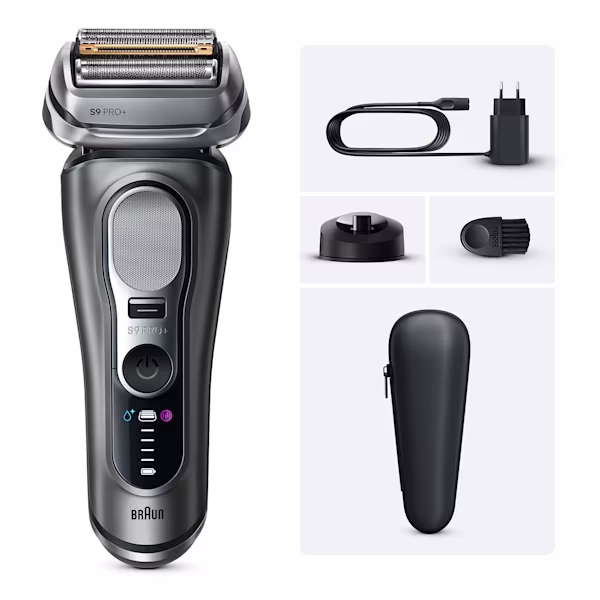 Rasoir électrique Braun Series 9 PRO+ 9615s avec étui de voyage et base de recharge.