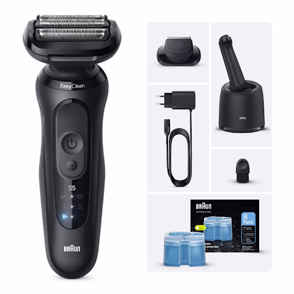 Image du rasoir électrique Braun Series 5 52-N7200cc avec ses accessoires de rasage et 8 recharges de liquide nettoyant 3-en-1.