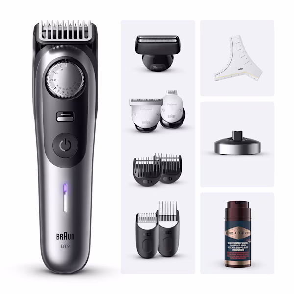 Image de la tondeuse à barbe Braun Series 9 BT9560 avec ses accessoires dont des têtes de précision avec plusieurs longueurs et l'hydratant pour barbe et cheveux King C. Gillette 100ml. Image de la tondeuse à barbe Braun Series 9 BT9560 avec ses accessoires dont des têtes de précision avec plusieurs longueurs et l'hydratant pour barbe et cheveux King C. Gillette 100ml.