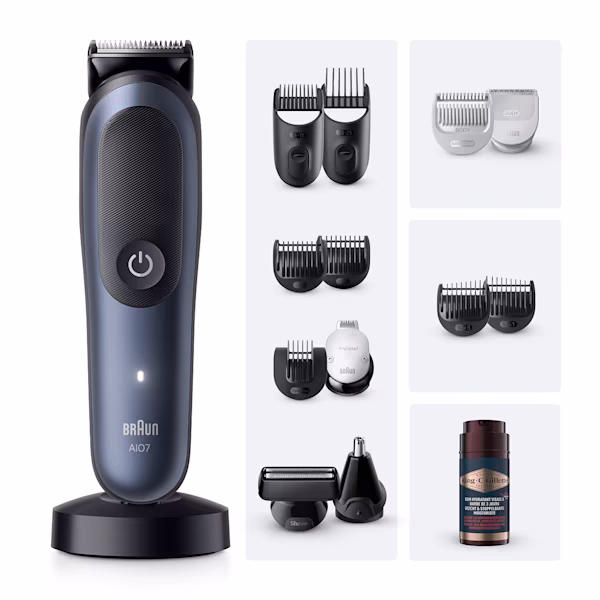 Image de la tondeuse multi-fonction all-in-one Braun Series 7 AIO7580 avec ses accessoires dont des têtes de précision avec plusieurs longueurs et l'hydratant pour barbe et cheveux King C. Gillette 100ml. Image de la tondeuse multi-fonction all-in-one Braun Series 7 AIO7580 avec ses accessoires dont des têtes de précision avec plusieurs longueurs et l'hydratant pour barbe et cheveux King C. Gillette 100ml.