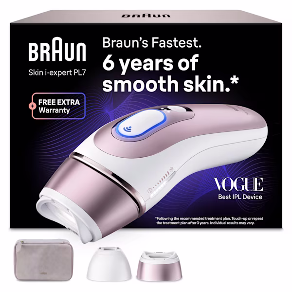 Skin i·expert avec pochette beige, tête SmartFlex, tête de précision, rasoir Venus et vue de face de l'emballage en rendu sur fond blanc.