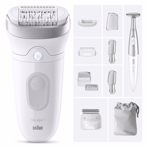 Vue de face du Silk·épil 7 avec pochette, accessoire de précision, tête de rasage, sabot tondeuse, tondeuse maillot et accessoires sur encadré gris à côté de l’appareil. Vue de face du Silk·épil 7 avec pochette, accessoire de précision, tête de rasage, sabot tondeuse, tondeuse maillot et accessoires sur encadré gris à côté de l’appareil.