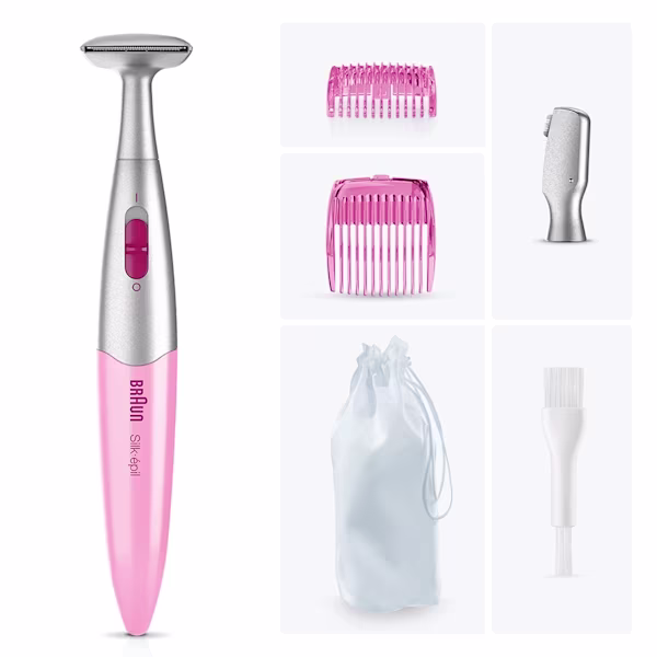 Rendu produit vu de face de la Silk·épil Bikini Trimmer FG1105 avec son emballage à l'arrière, sur fond blanc.