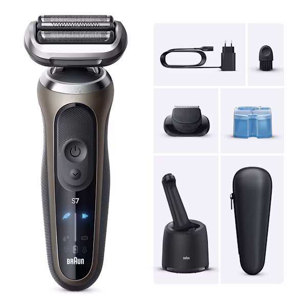 Image du coffret rasoir Series 7 C7200cc avec station SmartCare 4-en-1, chargeur, et accessoire tondeuse de précision. Image du coffret rasoir Series 7 C7200cc avec station SmartCare 4-en-1, chargeur, et accessoire tondeuse de précision.