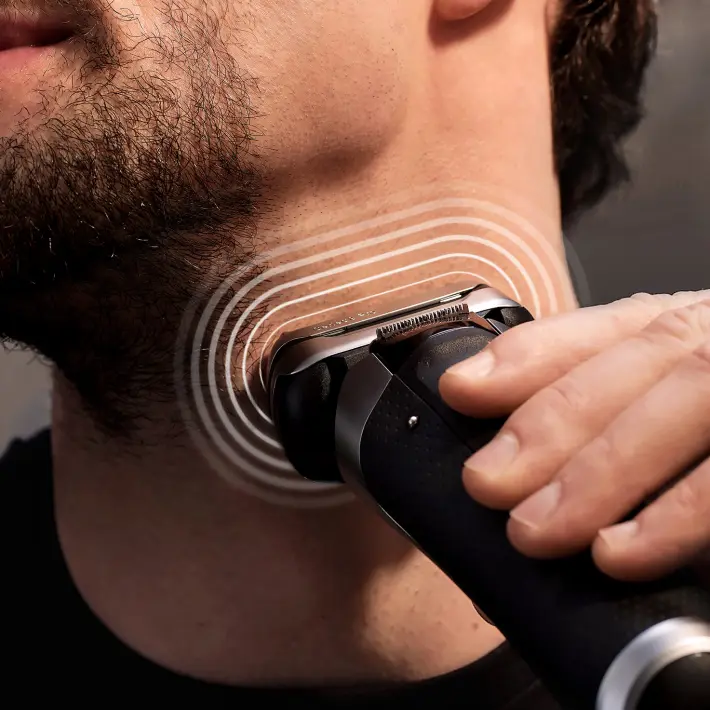 Rasoir sur le cou avec illustration de vibrations soniques