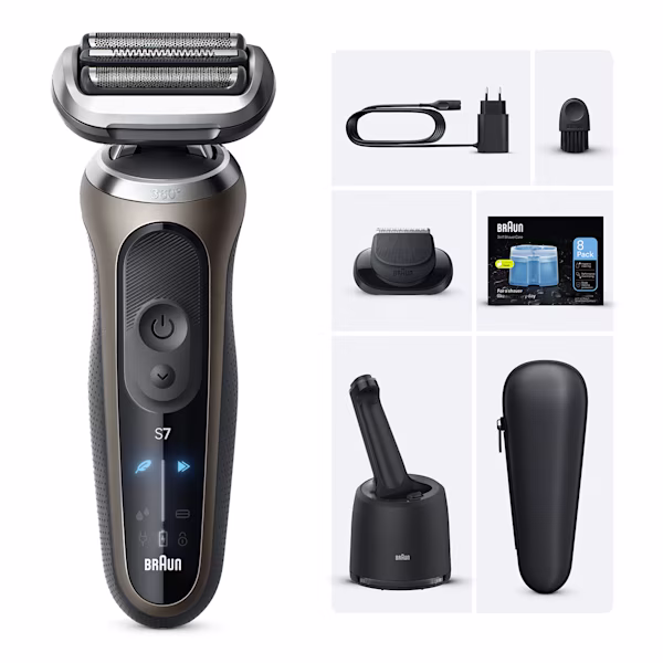 Image of Series 7 C7200cc shaver set with 4in1 SmartCare center, a cartridge and a Precision trimmer attachment. Image of Series 7 C7200cc shaver set with 4in1 SmartCare center, a cartridge and a Precision trimmer attachment.