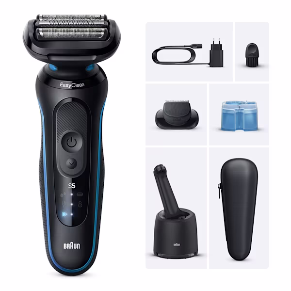 Image du rasoir électrique Series 5 B7200cc avec sa station SmartCare 4-en-1, une cartouche et un accessoire tondeuse de précision. Image du rasoir électrique Series 5 B7200cc avec sa station SmartCare 4-en-1, une cartouche et un accessoire tondeuse de précision.