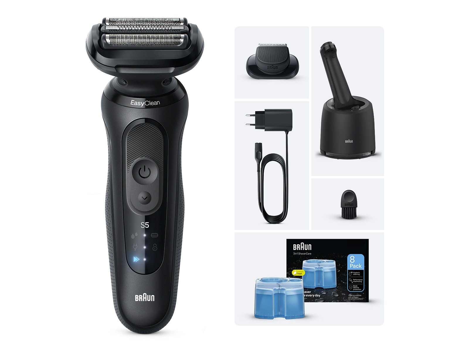 BraunKit:RasoirÉlectriqueSeries552-N7200cc+8RechargesdeLiquideNettoyant3-en-1avecstationdenettoyageSmartCareetrechargesdeliquidenettoyant,1accessoirederasage,100%étanche