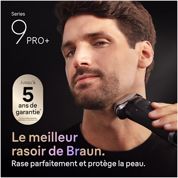 Homme se rasant avec un rasoir Series 9 PRO+. Texte : Le meilleur rasoir de Braun. Homme se rasant avec un rasoir Series 9 PRO+. Texte : Le meilleur rasoir de Braun.