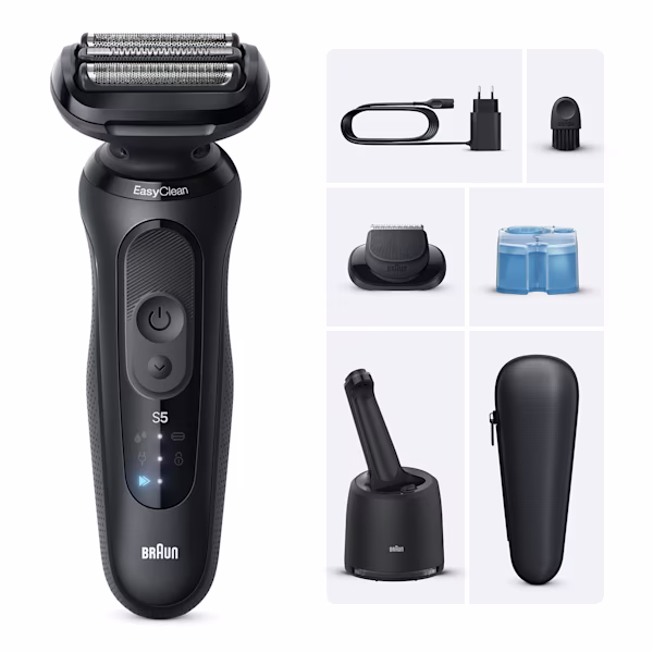 Image du coffret rasoir Series 5 N7200cc avec station SmartCare 4-en-1, recharge de liquide nettoyant et accessoire tondeuse de précision.