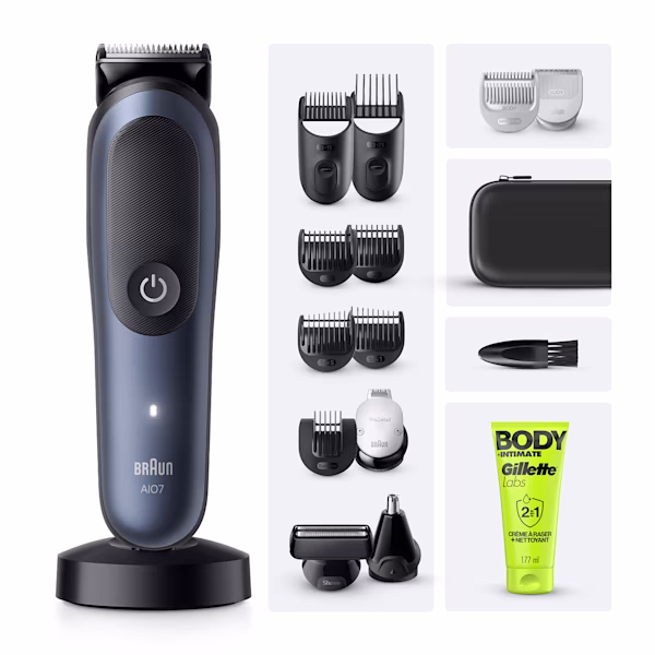 Image de la tondeuse multi-fonction all-in-one Braun Series 7 AIO7580 avec ses accessoires dont des têtes de précision avec plusieurs longueurs et l'hydratant pour barbe et cheveux King C. Gillette 100ml.