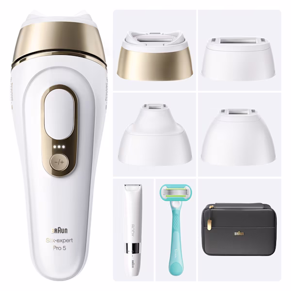 Image de l'IPL Silk·expert Pro 5 PL5431 avec ses accessoires et la Mini Tondeuse Corps. Image de l'IPL Silk·expert Pro 5 PL5431 avec ses accessoires et la Mini Tondeuse Corps.