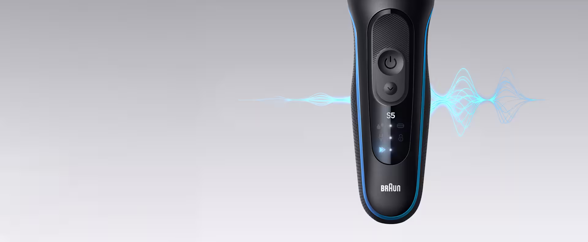 Braun Series 5 shaver interface with a visual wave effect in the background. The product offers two shaving modes—Turbo and Gentle—for adaptable performance based on user preference. Braun Series 5 shaver interface with a visual wave effect in the background. The product offers two shaving modes—Turbo and Gentle—for adaptable performance based on user preference.