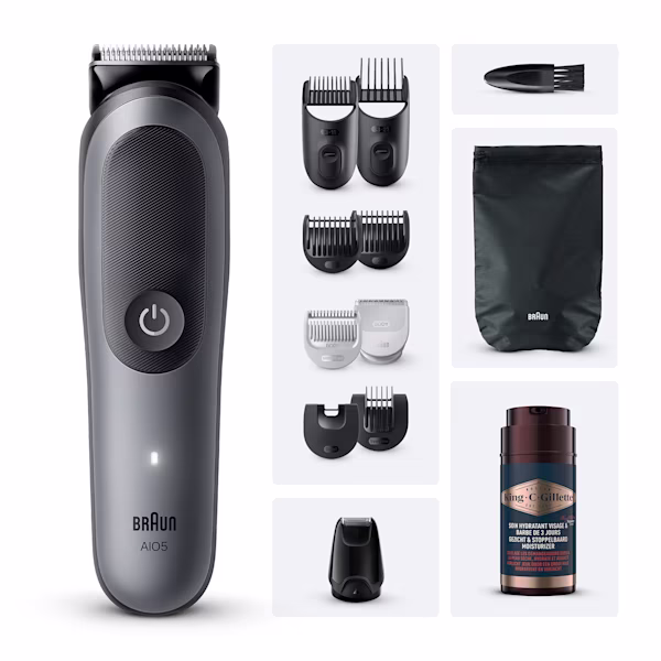 Image de la tondeuse multi-fonction all-in-one Braun Series 5 AIO5560 avec ses accessoires dont des têtes de précision avec plusieurs longueurs et l'hydratant pour barbe et cheveux King C. Gillette 100ml.