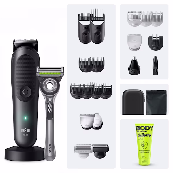 Coffret de rasage Braun Series 9 23 en 1 présentant la tondeuse principale, le rasoir Gillette et plusieurs têtes d'accessoires. Coffret de rasage Braun Series 9 23 en 1 présentant la tondeuse principale, le rasoir Gillette et plusieurs têtes d'accessoires.