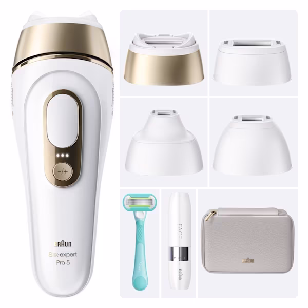 Braun Silk·expert Pro 5 avec pochette rouge, tête Mini Precision, Intimate et SmartFlex, rasoir Venus, et vue de face de l'emballage sur fond blanc. Braun Silk·expert Pro 5 avec pochette rouge, tête Mini Precision, Intimate et SmartFlex, rasoir Venus, et vue de face de l'emballage sur fond blanc.