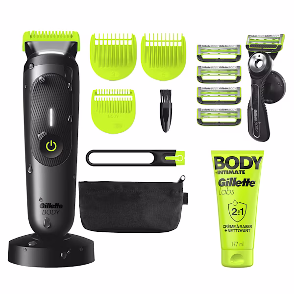 Image de la tondeuse GilletteLabs Body + Intimate i7 avec ses accessoires de rasage + le rasoir GilletteLabs Body+Intimate avec son support magnétique de douche ainsi que 5 lames et le gel à raser 2 en 1 GilletteLabs Body 177ml. Image de la tondeuse GilletteLabs Body + Intimate i7 avec ses accessoires de rasage + le rasoir GilletteLabs Body+Intimate avec son support magnétique de douche ainsi que 5 lames et le gel à raser 2 en 1 GilletteLabs Body 177ml.