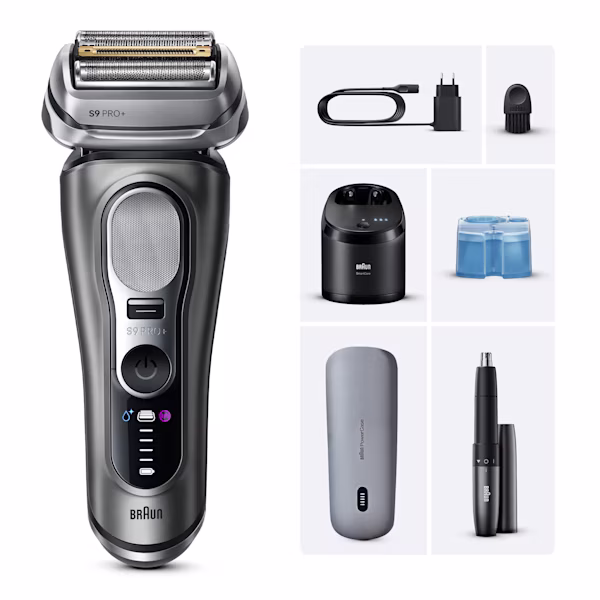 Image du rasoir électrique Braun Series 9 Pro+ 9675cc avec ses accessoires et la tondeuse nez et oreilles Braun. Image du rasoir électrique Braun Series 9 Pro+ 9675cc avec ses accessoires et la tondeuse nez et oreilles Braun.