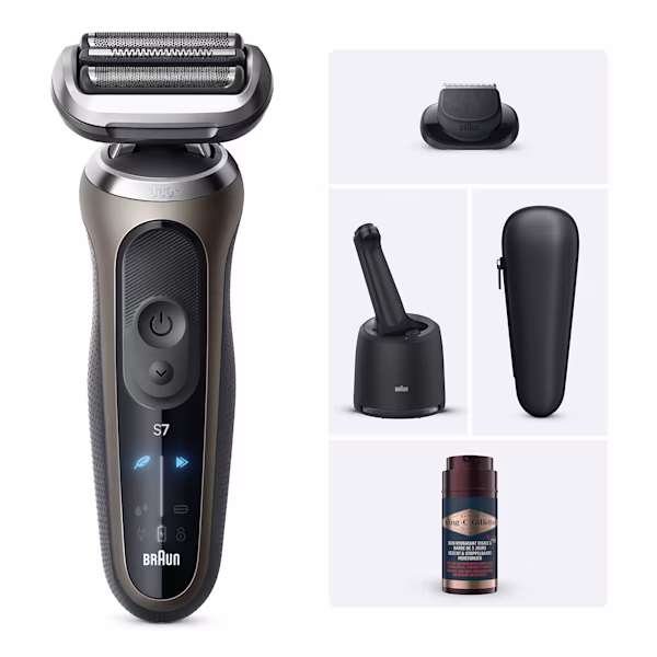 Image du rasoir électrique Braun Series 7 72-C7200cc avec ses accessoires de rasage dont la station de nettoyage SmartCare et l'hydratant pour barbe et cheveux King C. Gillette 100ml. Image du rasoir électrique Braun Series 7 72-C7200cc avec ses accessoires de rasage dont la station de nettoyage SmartCare et l'hydratant pour barbe et cheveux King C. Gillette 100ml.