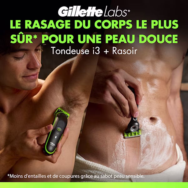 Image de la tondeuse GilletteLabs Body + Intimate i3 avec ses accessoires de rasage + le rasoir GilletteLabs Body+Intimate avec son support magnétique de douche ainsi que 5 lames et le gel à raser 2 en 1 GilletteLabs Body 177ml. Image de la tondeuse GilletteLabs Body + Intimate i3 avec ses accessoires de rasage + le rasoir GilletteLabs Body+Intimate avec son support magnétique de douche ainsi que 5 lames et le gel à raser 2 en 1 GilletteLabs Body 177ml.