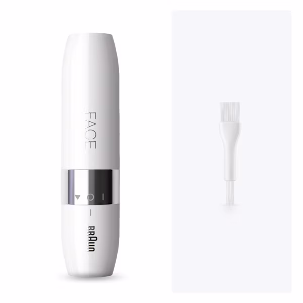 Rendu de face du produit Mini épilateur « Face » avec l'emballage en arrière-plan, sur fond blanc.