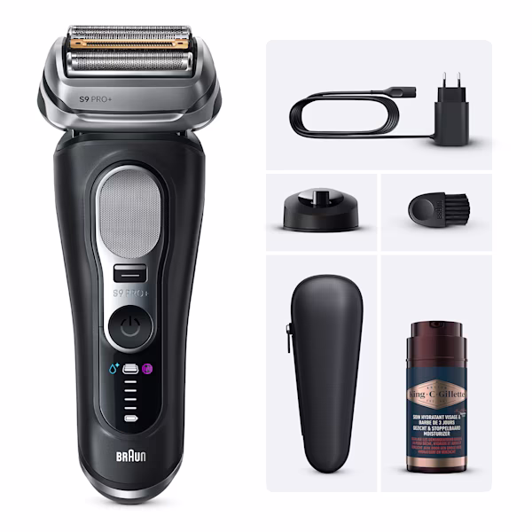Image du rasoir électrique Braun Series 9 Pro+ 9610s avec ses accessoires de rasage et l'hydratant pour barbe et cheveux King C. Gillette 100ml. Image du rasoir électrique Braun Series 9 Pro+ 9610s avec ses accessoires de rasage et l'hydratant pour barbe et cheveux King C. Gillette 100ml.