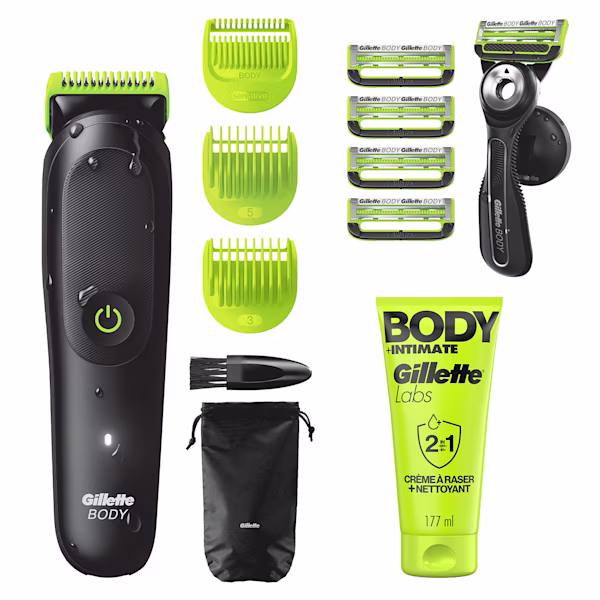 Image de la tondeuse GilletteLabs Body + Intimate i5 avec ses accessoires de rasage + le rasoir GilletteLabs Body+Intimate avec son support magnétique de douche ainsi que 5 lames et le gel à raser 2 en 1 GilletteLabs Body 177ml. Image de la tondeuse GilletteLabs Body + Intimate i5 avec ses accessoires de rasage + le rasoir GilletteLabs Body+Intimate avec son support magnétique de douche ainsi que 5 lames et le gel à raser 2 en 1 GilletteLabs Body 177ml.