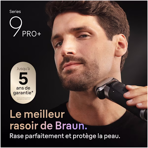Homme se rasant avec un rasoir Series 9 PRO+. Texte : Le meilleur rasoir de Braun. Homme se rasant avec un rasoir Series 9 PRO+. Texte : Le meilleur rasoir de Braun.