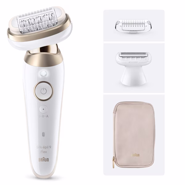 Rendu de face du Braun Silk·épil 9 Flex avec pochette, tête de rasage et sabot de tonte sur boîte grise à côté du rendu sur fond blanc. Rendu de face du Braun Silk·épil 9 Flex avec pochette, tête de rasage et sabot de tonte sur boîte grise à côté du rendu sur fond blanc.