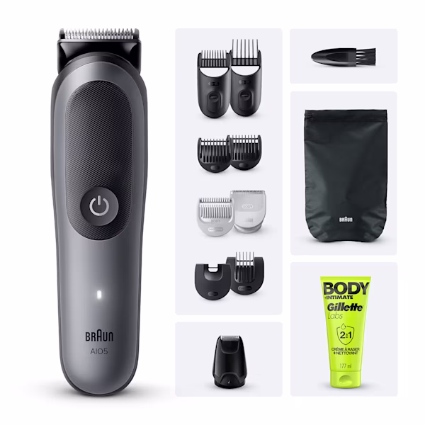 Image de la tondeuse multi-fonction all-in-one Braun Series 5 AIO5560 avec ses accessoires dont des têtes de précision avec plusieurs longueurs et l'hydratant pour barbe et cheveux King C. Gillette 100ml.