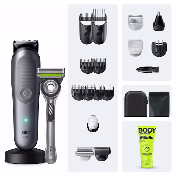 Braun Series 9 tondeuse électrique 20-en-1 et accessoires présentés avec leur emballage. Braun Series 9 tondeuse électrique 20-en-1 et accessoires présentés avec leur emballage.