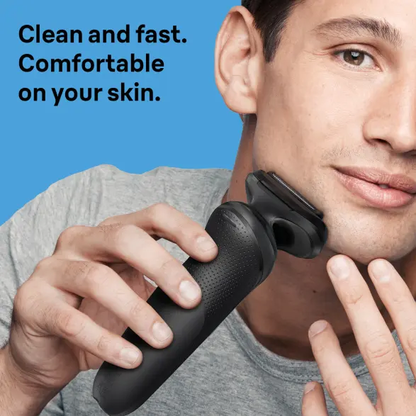 Man shaves his cheek with Series 5 shaver - Clean and fast. Comfortable on your skin