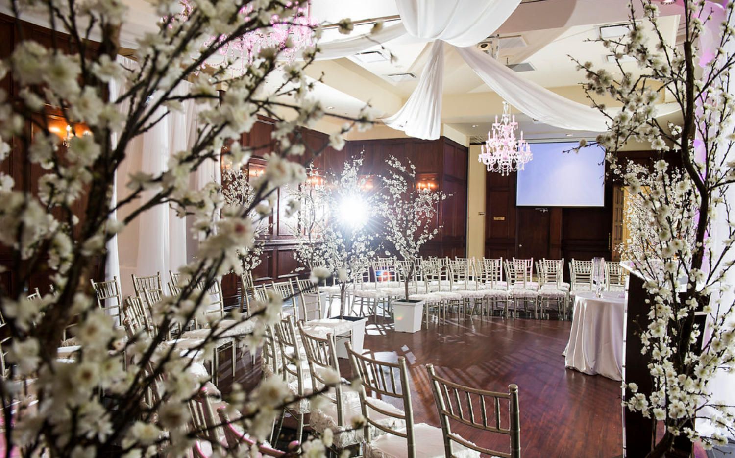 White flowers in front of arranged chairs at the Prince Albert room at Paradise Banquet Halls.