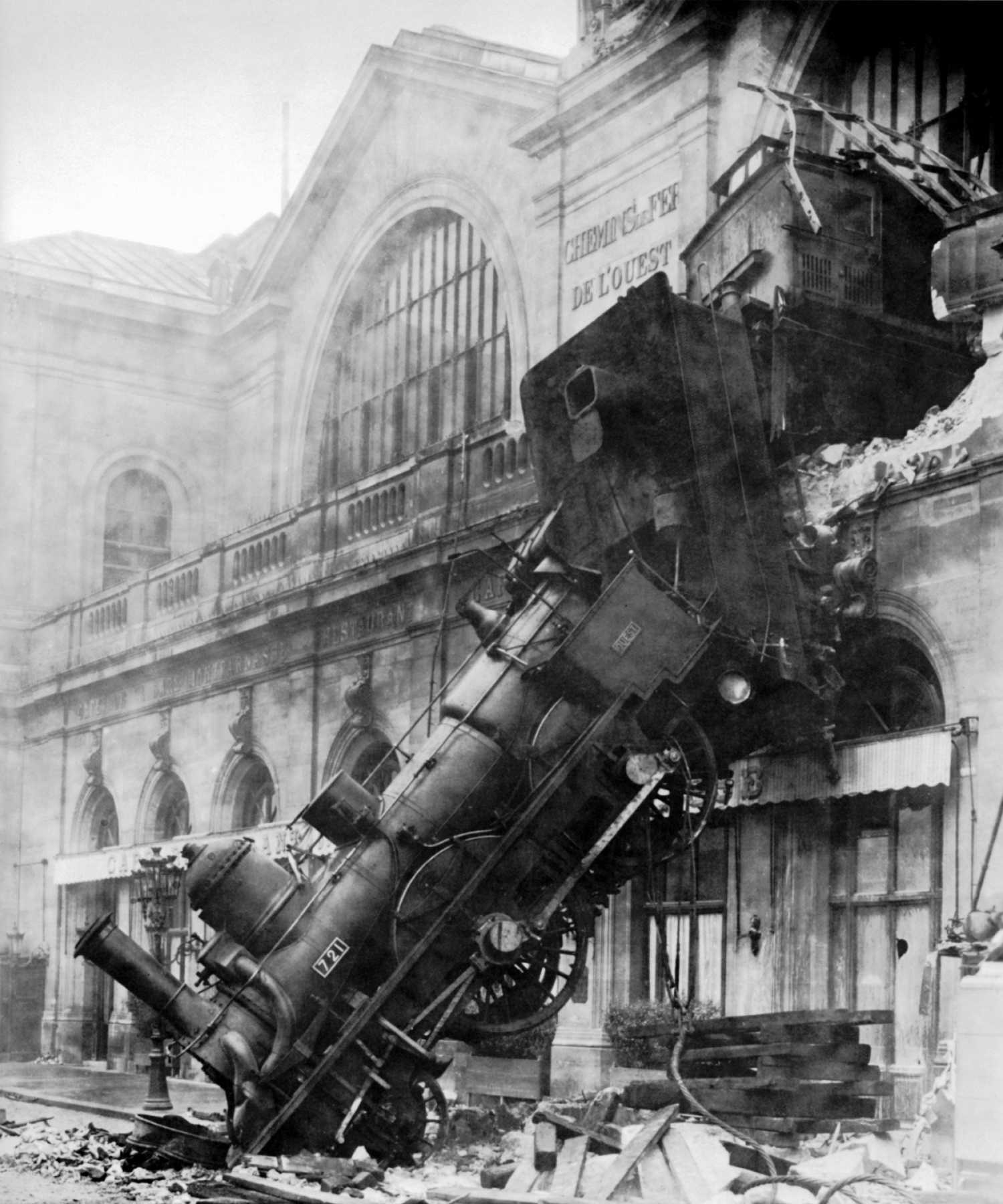 The iconic image of the Montparnasse derailment where the train was several minutes late and the driver trying to make up for lost time, entered the station too fast and the train air brake failed to stop it. 