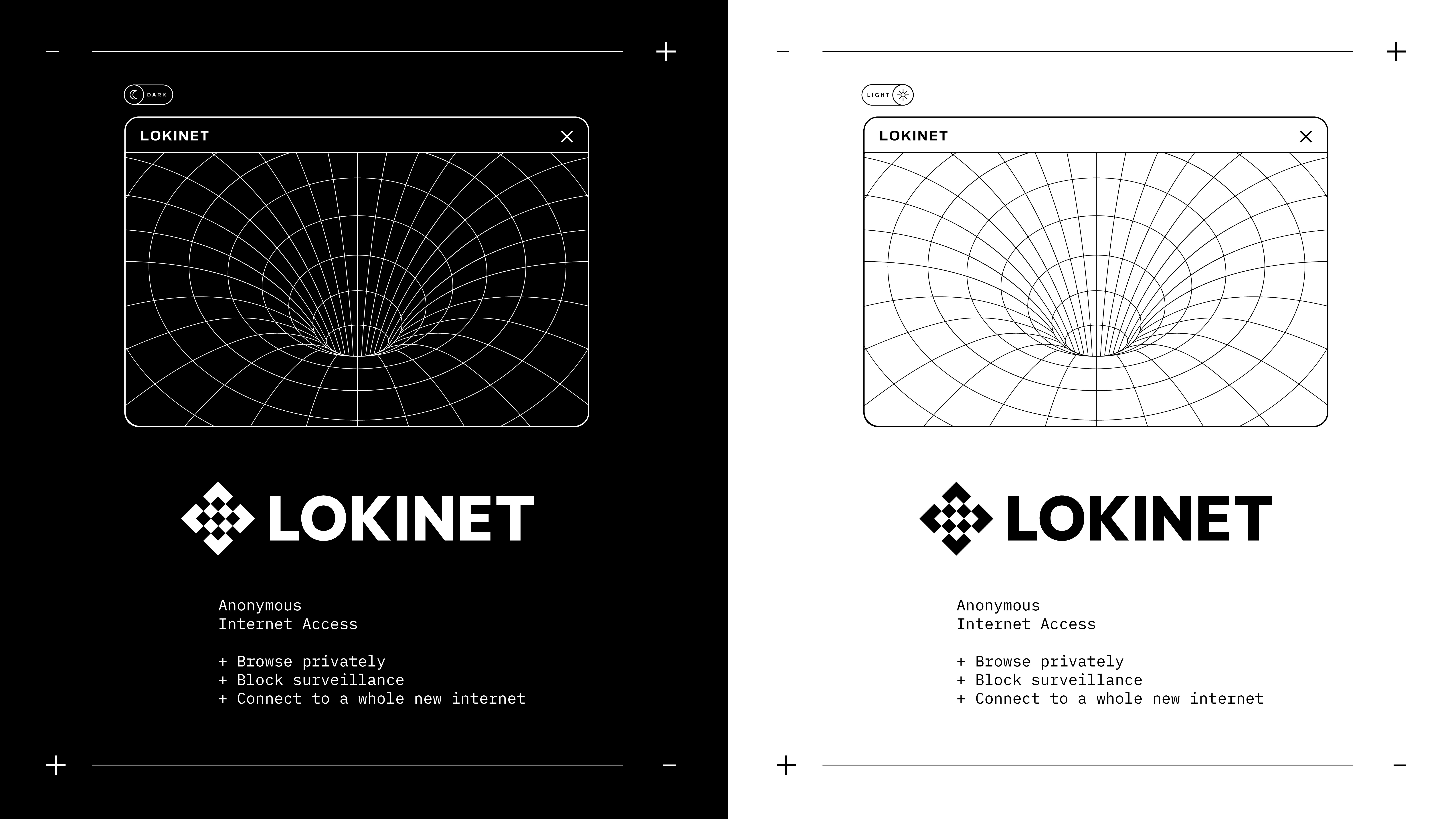 Meet the new Lokinet. Bold in black and white. Pictured are the new light modes and dark modes for the refreshed Lokinet website.