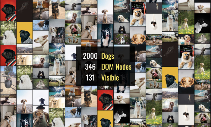 Masonry layout with 131 visible dogs out of 2000, using 346 DOM nodes.