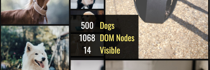Masonry layout with 14 visible dogs out of 500, using 1068 DOM nodes.
