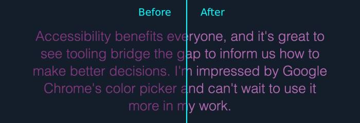 Before and after comparison of improved text color contrast in dark mode.