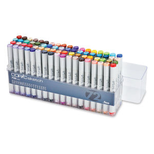 Copic Sketch Markers, Set of 72. Set D. Clear package of bright and fluorescent colors, four rows, top off.