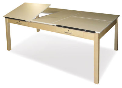 Hann Four-Station Maple Drawing Table-right angle view with drawers and one station in drafting mode