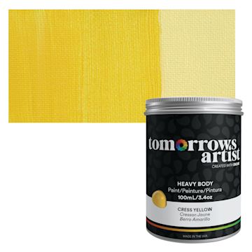 Open in modal - Tomorrow's Artist Eco-Friendly Heavy Body Acrylic Paint - Cress Yellow, 100 ml jar and swatch
