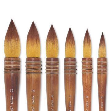 Quill Series Golden Taklon Brushes - Closeup of tips of 6 Brushes
