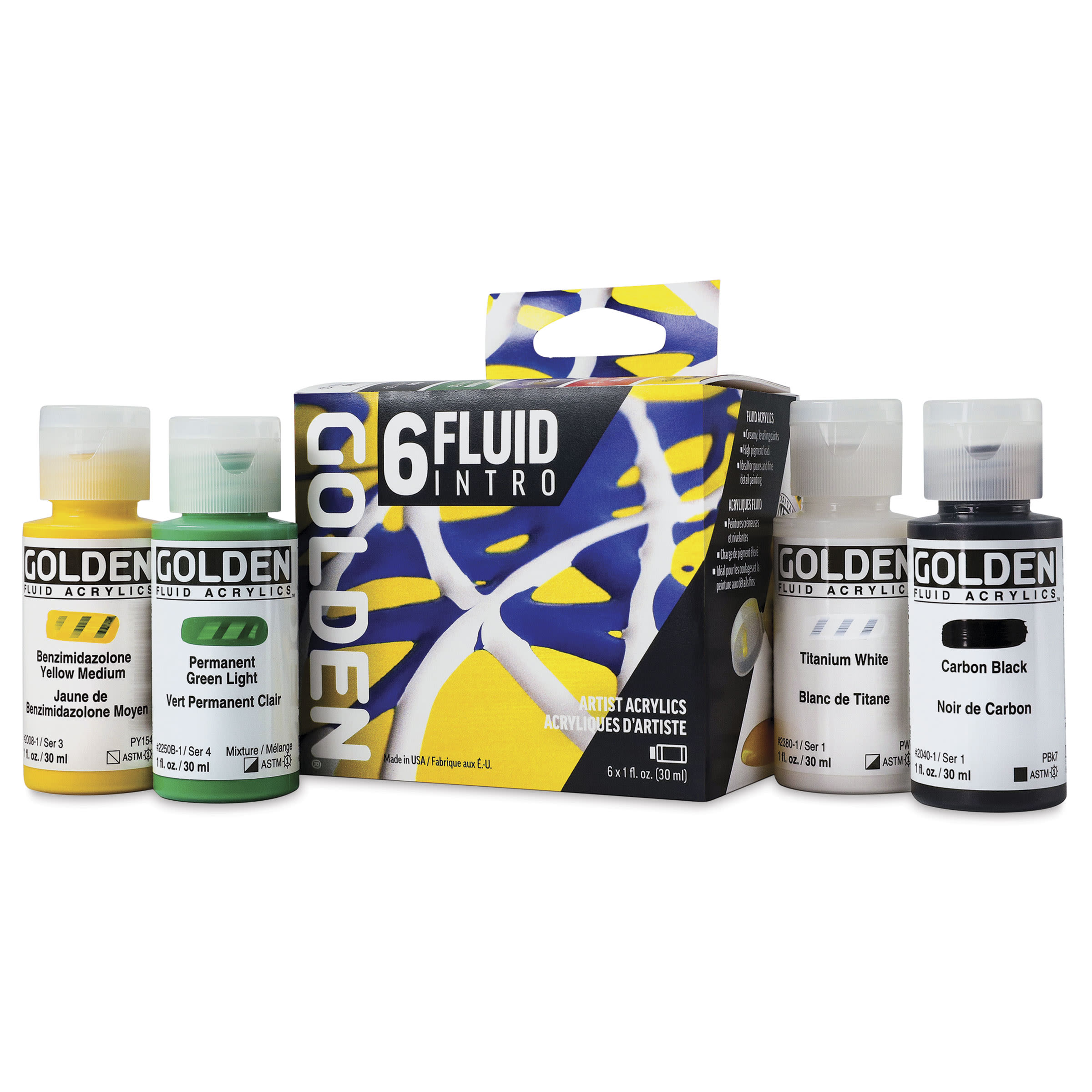 Golden Fluid Acrylics - Intro Colors, Set of 6, 30 ml, bottles with packaging