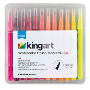 Kingart Watercolor Brush Marker Sets - Front of package of 36 markers