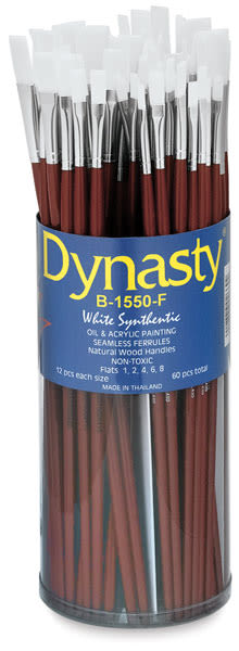 Dynasty Synthetic White Bristle Brush Canister - 60 Flats with long handle shown in open Canister